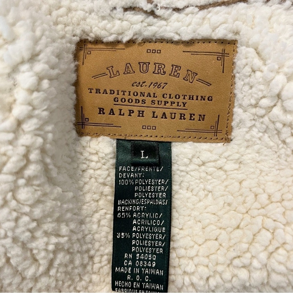 Lauren Ralph Lauren Tan Sherpa Vest Cream Trim Large Cozy Neutral - Picture 10 of 11
